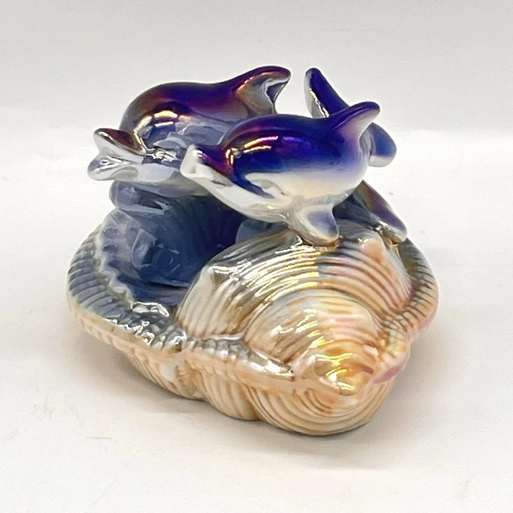 Vintage Lusterware Iridescent Porcelain Dolphins On Seashell Mirtex Trading